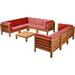 Perfect Deal Furniture Annabelle Outdoor Sectional Sofa Set with Coffee Table - 9-Piece 8-Seater - Acacia Wood - Outdoor Cushions - Teak and Red