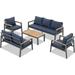 Perfect Aluminum Patio Furniture Set 5 Pieces Outdoor Conversation Set with Teak Wood Top Coffee Table Sectional Sofa Set with Wood Armrest and Cushions for Outside Poolside Lawn Back