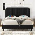 RUNFAYBIU Full Bed Frame Velvet Upholstered Platform Bed with 2 USB Charging Stations/Ports for Type &Type C Seamlessly Connected Headboard/Noise-Free/Wood Slats Support Dark Gray F