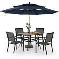 VILLA Outdoor 10ft Patio Umbrella Set for 4 with 5 Pieces Dining Table Chairs Metal Outdoor Stackable Wrought Iron Chair Set of 4 & 37 Metal Table 3 Tier Vented Dark Blue Umbrel