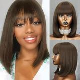 Short Brown Bob Wig with Bangs Brown Straight Bob Wig for Women Shoulder Length Syntheic Brown Hair Bob Wig with Bangs Velma Daily for Women