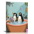 CANFLASHION Botanical Penguins Canvas Poster Painting Bathroom Wall Art Penguins in Bathtub Picture Artwork Print for Restroom Toilet Wall Decor