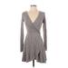 Forever 21 Casual Dress - Wrap Plunge Long sleeves: Gray Marled Dresses - Women's Size Small