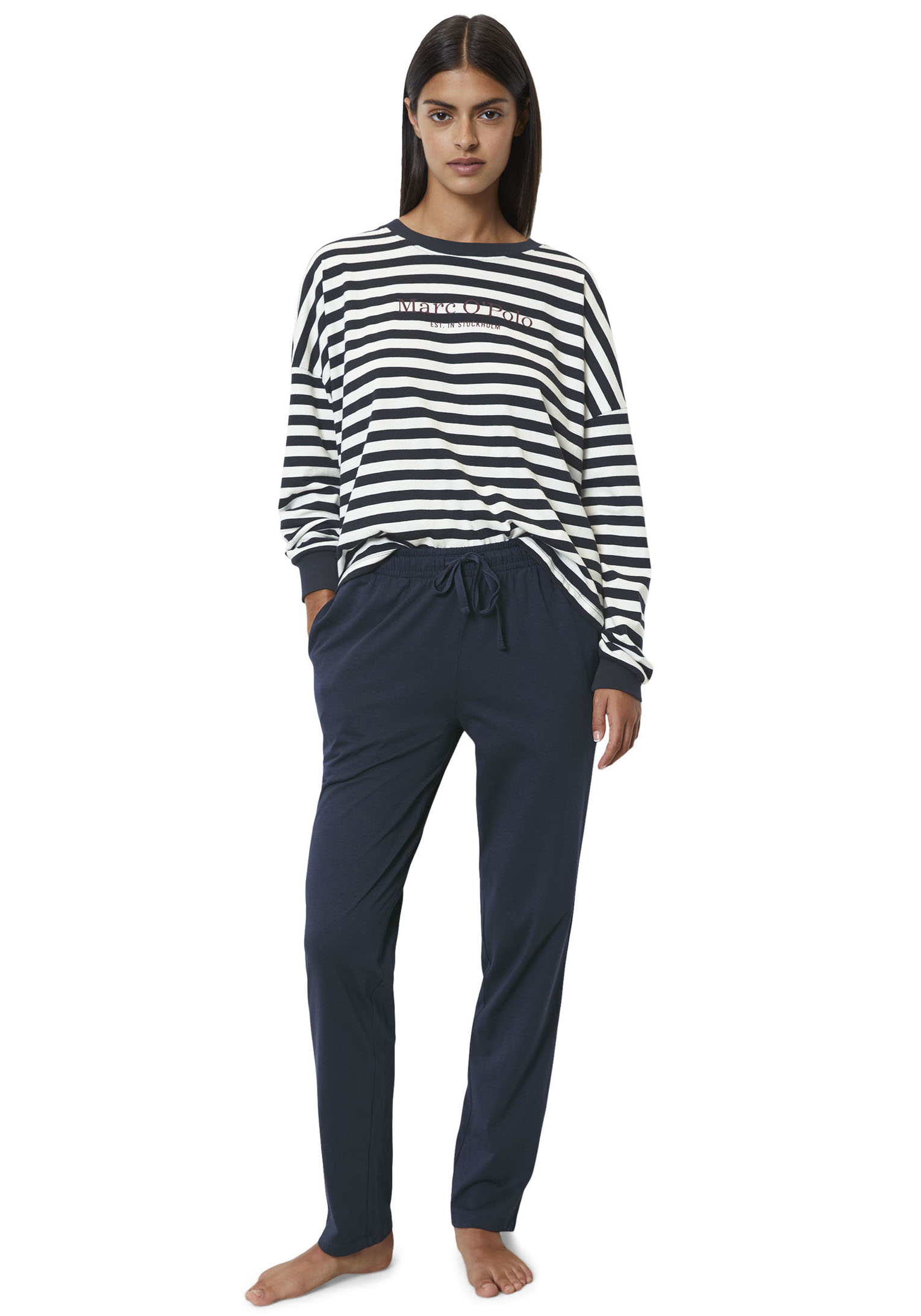 Pyjama MARC O'POLO "Mix & Match Cotton-Woven", Damen, Gr. XS (34), blau (schwarz navy, weiß cotton), Jersey, Obermaterial: 100% Baumwolle, geringelt, gestreift, unifarben, figurumspielend lang, Rundhals, angeschnitten Rippbündchen, Homewear-Sets...