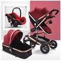 High View Baby Pram Stroller for Toddler, 3 in 1 Baby Stroller for Newborn, Shock-Absorbing Infant Pushchair Carriage Bassinett with Mosquito Net, Cup Holder, Foot Cover (Color : Red)