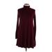Lulus Casual Dress - A-Line Turtleneck Long sleeves: Burgundy Print Dresses - Women's Size Large