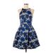 Belle Badgley Mischka Casual Dress - Fit & Flare Crew Neck Sleeveless: Blue Floral Dresses - Women's Size 6