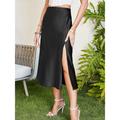 Women's Skirt A Line Midi High Waist Skirts Split Ends Solid Colored Street Daily Summer Polyester Spandex Fashion Casual Black Brown Green