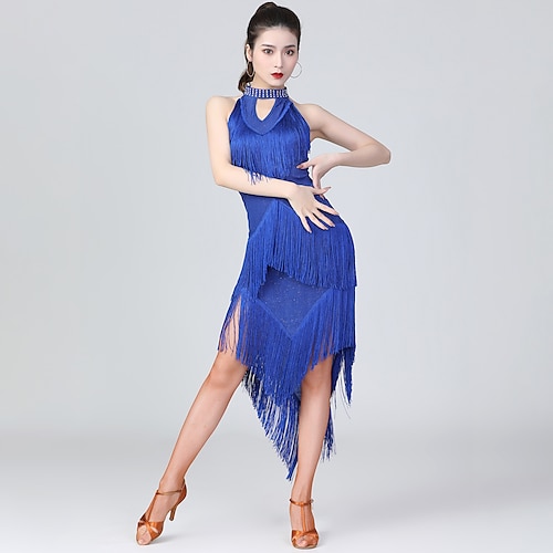 Latein-Tanzkleid, Fransen, Quasten, Rüschen, solides Damen-Trainings-Performance-Kleid, ärmellos, hoher Polyesteranteil/Tanz-Partykleid Image