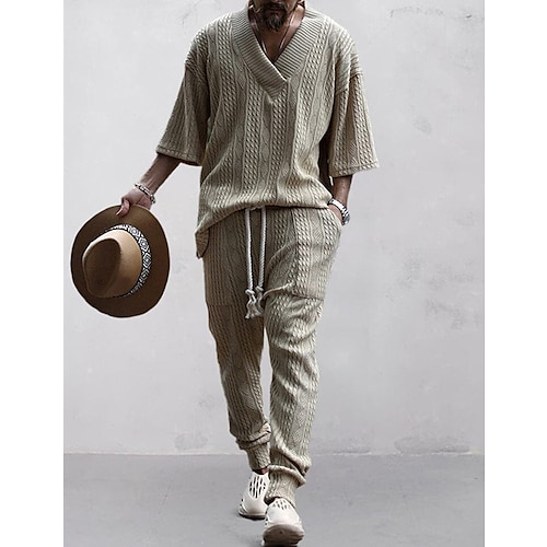 Herren T-Shirt Anzüge Trainingsanzug Tennishemd T-Shirts und lange Hosen mit Kordelzug 3/4-Ärmel V Ausschnitt Frühling Herbst Einfach Gymnastik Lässig 2 teilig Stricken Urlaub Alltagskleidung Image