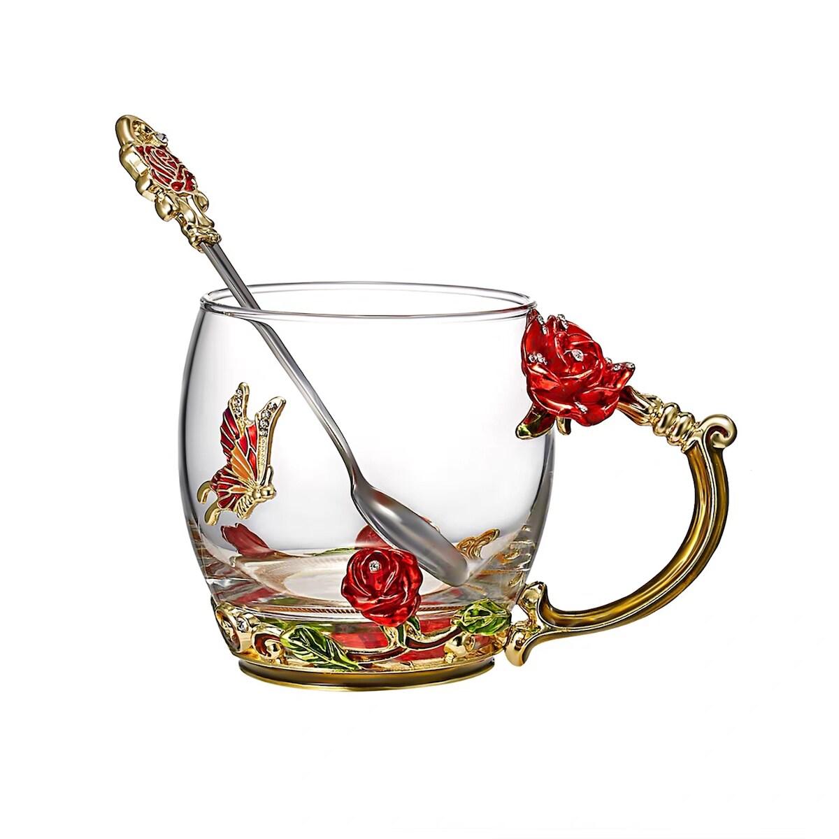 Intirilife Schmetterling Teetasse Blumentasse Kaffeetasse 250 ml aus hitzebeständigem Glas Set mit Löffel in Gold - Rot - Lila Image