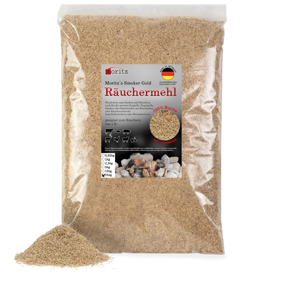 Moritz 25kg Räuchermehl Buche fein 0,5 -1 mm Räuchern I Kalträuchern von Fisch Fleisch Wurst Käse Gemüse auch für BBQ I Grill - Räucherspäne Image
