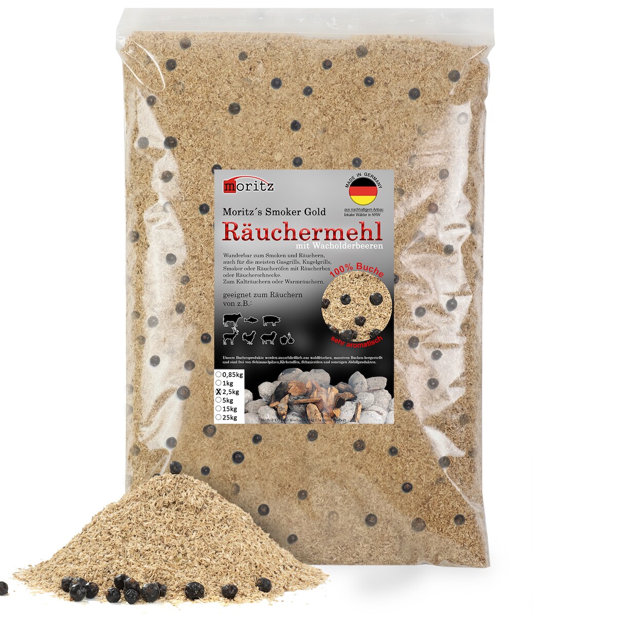 Moritz 2,5kg Räuchermehl Buche mit Wacholder fein 0,5 -1 mm Räuchern I Kalträuchern von Fisch Fleisch Wurst Käse auch für BBQ I Grill - Räucherspäne Image