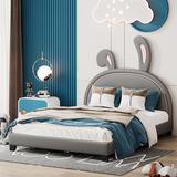 Full Size Upholstered Leather Platform Bed with Rabbit Ornament - Charming Design for Kids - Solid Wood Slats Support