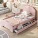 Pink Chenille Upholstered Twin Size Platform Bed with Cartoon Ears Headboard, Safety Rail, Robust Frame, Easy Assembly