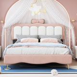 Full Size Princess Bed Velvet Platform Bed with Bow-Knot Headboard, with Headboard and Footboard, White+pink