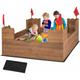 113 x 116 cm Sandkasten mit Staufächern & Flaggen, Sandbox mit Sitzbank, Sandkiste Holz für 1-2