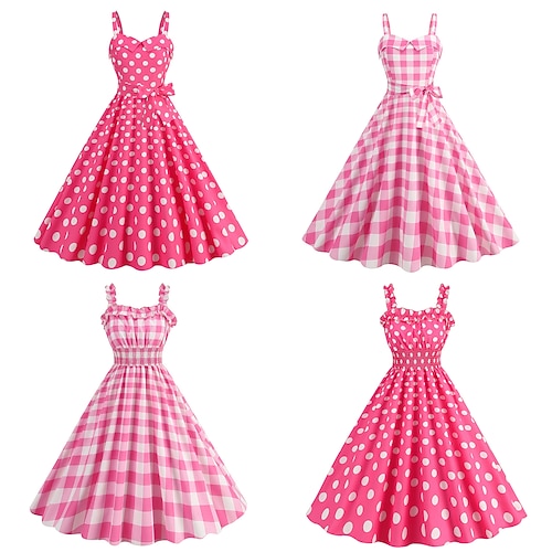 Retro Vintage 1950er Rockabilly Kleid Swing-Kleid Karo Kariert Vichy-Karo Kostüm Damen Karneval Maskerade Alltagskleidung Junggesellinnenabschiedsparty Erwachsene Kleid Abschlussballkleider Image