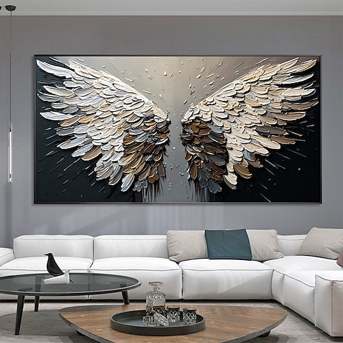 Handgefertigtes originales Engelsflügel-Ölgemälde auf Leinwand, Wandkunst-Dekor, abstraktes, minimalistisches schwarzes Gemälde für die Inneneinrichtung mit gespanntem Rahmen/ohne Innenrahmen-Gemälde Image