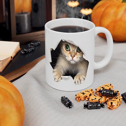 Tasse mit 3D-Druck, Kätzchen, Loch in einer Wand, Keramik-Kaffeetasse mit Katzenmotiv, 3D-Neuheits-Katzenbecher, Katzenliebhaber-Kaffeetasse, Katzenclub-Tasse, weiße Keramiktasse, Geschenke für Männer und Frauen Image