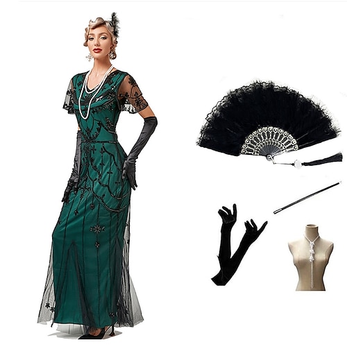 Goldene Zwanziger 1920er Knöchellänge Lange Länge Kleid Abendkleid Outfits Illusionsärmel Kurze Ärmel Der große Gatsby Hochzeitsgast Pailletten Pailletten V Ausschnitt Kostüm Damen Maskerade Image