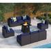 Perfect 8 Pieces Patio Furniture Set with 45 Plate Embossing Propane Fire Table Outdoor PE Rattan Sectional Sofa Set Patio Gas Fire Pit Conversation Set with Blue Cushions & Glas