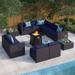 Simplicity 6 Pieces Outdoor Patio Furniture Set with 45 Plate Embossing Propane Fire Pit Table Outdoor Wicker Sectional Sofa Conversation Set with Blue Cushions & Coffee Table