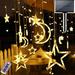 Solar Star Moon String Lights Outdoor with Remote 8 Modes Solar Curtain Lights Waterproof Fairy Lights Solar Powered Window LED Lights Timer Starry Lights for Garden Patio Yard Ramadan Decoration