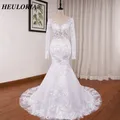 HEcorde ORIA-Robe de Mariée Sirène à Manches sulf en Dentelle Appliques de Perles Personnalisée