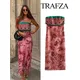 TRAFZA-Robe Imprimée en Satin Rétro pour Femme Taille Haute Slim Fermeture Éclair Sexy Fente