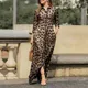 Robe maxi imprimée à manches longues pour femmes imprimé léopard patchwork géométrique revers