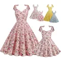 Robe trapèze froncée à fleurs rétro Audrey pour enfants et adultes robe à col licou vintage robe