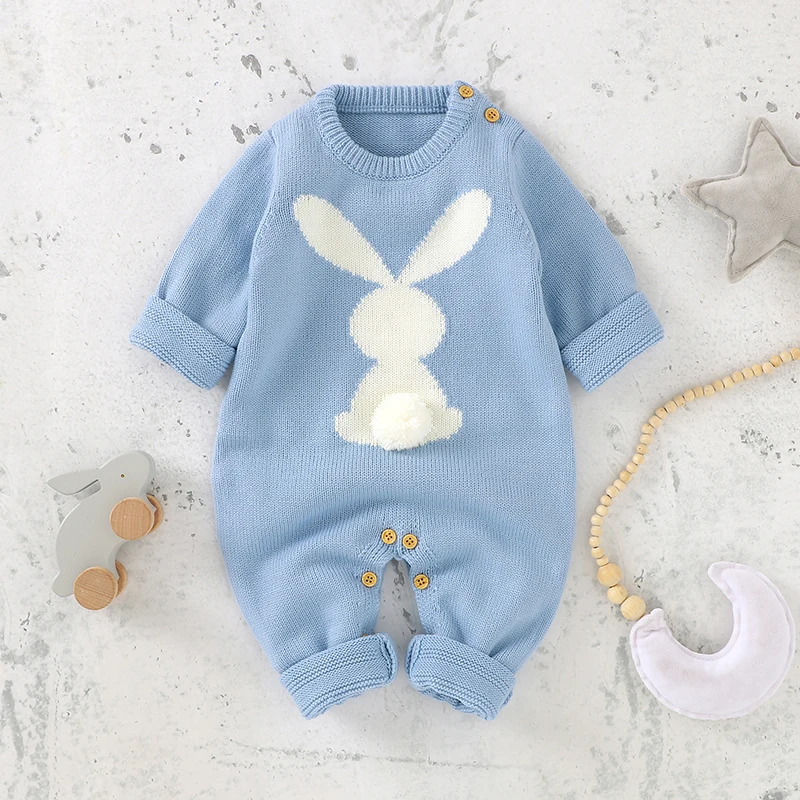 Barboteuse tricotée en forme de lapin pour bébé, vêtements de printemps et d'automne, col rond, manches longues, pour nouveau-né, garçons et filles, combinaisons de pâques, tenues de 0 à 18 mois