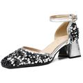 Makmeoyw Womens Sequined Cloth Sparkly Pumps Shoes for Women Ladies Ankle Strap Block Heel Sandals Black Dress Ball Wedding Bridal Pumps Size 4