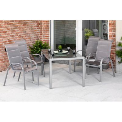 Garten-Essgruppe MERXX "Amalfi di lusso", braun (diamantbraun), B:56,5cm H:104cm T:77cm, Aluminium, Polyester, Sitzmöbel-Sets, 4 Stapelsessel mit Tisch Image