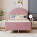Platform Low Profile Bed with Semi-circle Headboard, Mental Legs, Center Legs - Pink Velvet Upholstered Bed Frame - Twin Size