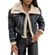 Women Winter Faux Leather Jacket Long Sleeve Lapel Fleece Linen Coat Zip Up Motorcycle Jacket Warm