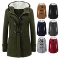 Womens Winter Coats Thicken Sherpa Lined Jacket Fashion Horn Button Hooded Outwear Warm Wool Blended