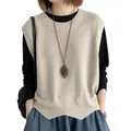 Women Knitted Vest Cozy O Neck Knitted Vest for Women Autumn Winter Top with Wavy Hem Solid Color