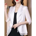 Fashion White Blazer Satin Stitching Mesh Half Sleeve Shirt Thin Black Suit Jacket Women's Spring