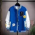 Smiling Face Embroidery Baseball Jacket Preppy Style Patchwork Outerwear Coat Men's Clothing Vintage