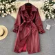 Autumn Trench Coat Fashion PU Leather Jackets Ladies Lapel Neck Long Sleeves Double Breasted Vintage