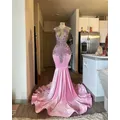 Baby Pink Velvet Tassels Crystal Mermiad Prom Dresses Long Train Sparkly Dress African Evening