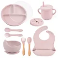 Baby Silicone Feeding Tableware Set Suction Bowl Divided Plate Spoon Fork Bibs Cup Non-slip Children