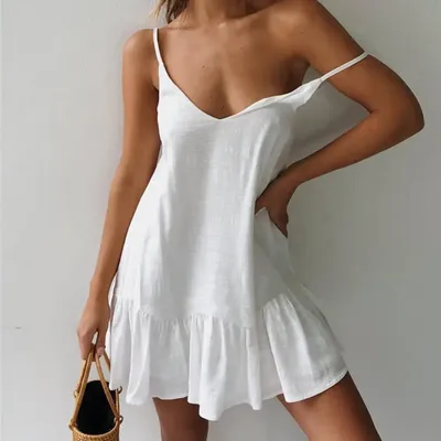 Spaghetti Strap Dresses Off Shoulder Women Summer Dress 2023 White Shift Dress Ruffle Sexy Sundress Shopping