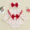 Baby Girl Valentine s Day Outfits Long Sleeve Heart Print Bow Romper with Headband Set Infant