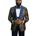Men Suits Gold Pattern and Navy Blue Groom Tuxedos Shawl Satin Lapel Groomsmen Wedding Best Man (