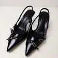 New Women's Shoes With Black Buckles High Heels Crossed Belt Buckles and Shallow Sandals.