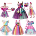 Rainbow Girl Candy Dress With Headband Costume Kids Cosplay Multicolor Tutu Dress For Baby Girls