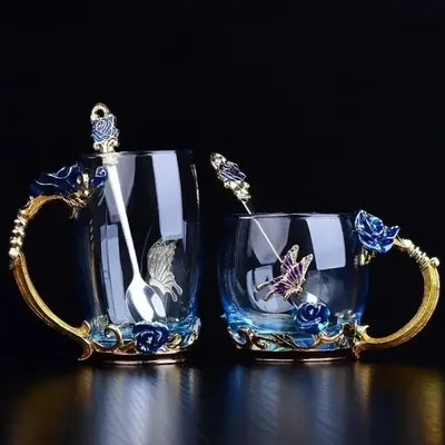LMHBJY Beauty And Novelty Enamel Coffee Cup Mug Flower Tea Glass Cups Hot and Cold Drinks Tea Cup Spoon Set Perfect Wedding Gift